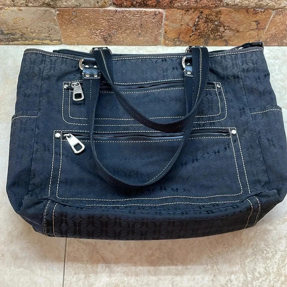 Fossil Modern Vintage Black Logo Fabric Tote Bag Canvas Straps Women’s Pocket - Picture 4 of 16